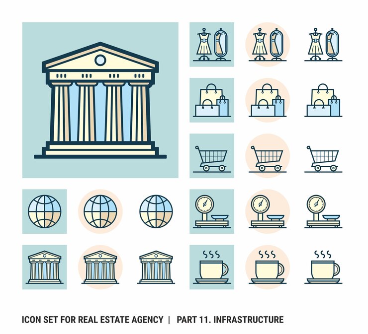 Conjunto de iconos para agencia inmobiliaria. Infraestructura