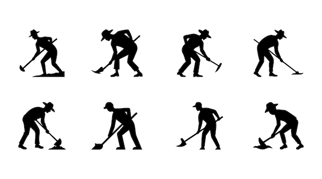Conjunto de íconos de agricultores Ilustración de trabajadores agrícolas en blanco y negro