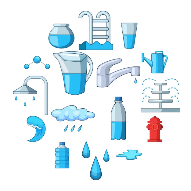 Vector conjunto de iconos de agua, estilo de dibujos animados