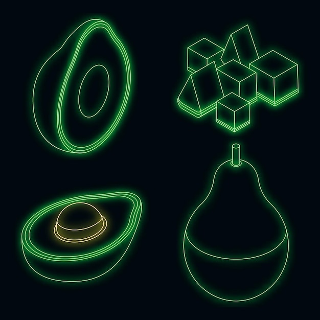 Conjunto de iconos de aguacate neón vectorial