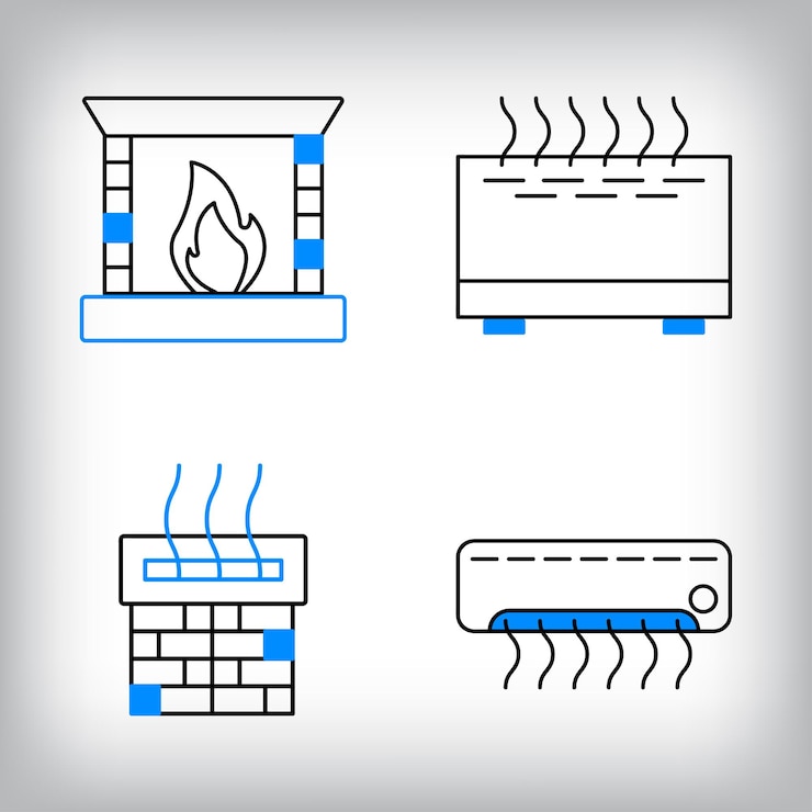 Vector conjunto de iconos de aire acondicionado de chimenea lineal y chimenea diferentes diseños de materiales domésticos y