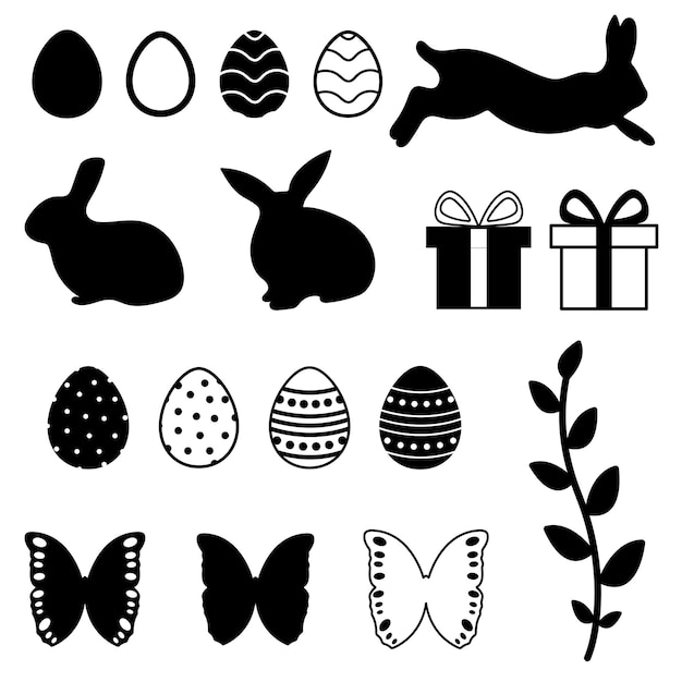 Conjunto de iconos aislados de primavera Elementos negros Huevos de Pascua conejos mariposas plantas