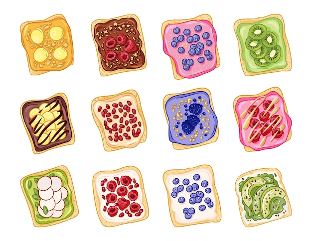 Conjunto de iconos aislados tostadas dibujadas a mano. Garabatos de sándwiches con diferentes pastas, frutas y verduras. Comida de desayuno vegetariana. Ilustración vectorial. Símbolos de elementos destacados de los medios