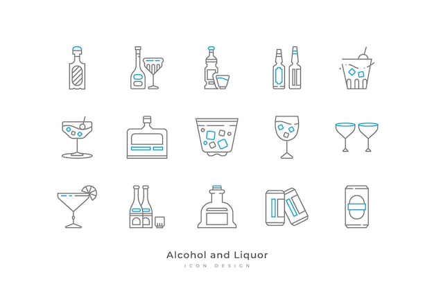 Conjunto de iconos de alcohol y licor con estilo de línea simple Contiene cerveza enlatada Cócteles de champán Whisky y más