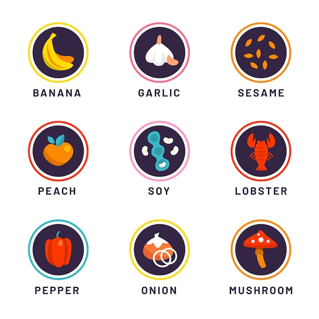 Conjunto de iconos de alergia alimentaria de diseño plano