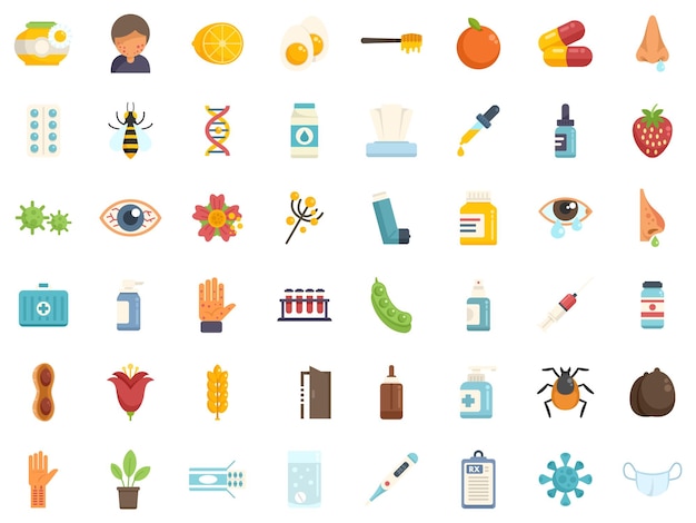 Conjunto de iconos de alergia estacional vector plano Estornudo gripe