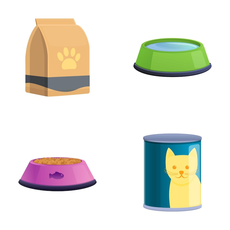Conjunto de iconos de alimento para gatos vector de dibujos animados Cuenco de comida para gatos y embalaje de alimento para perros
