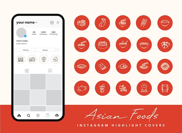 Vector conjunto de iconos de alimentos asiáticos para portadas destacadas de historias de instagram