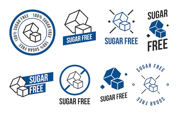 Conjunto de iconos de alimentos sin azúcar Varios diseños en blanco y negro se pueden utilizar como sellos insignias para embalaje, etc. Vector