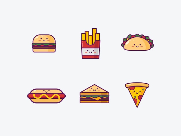Conjunto de Iconos de Alimentos y Bebidas Lindo Parte 1 Iconos Smiley Emoji Conjunto Vector Ilustración de dibujos animados