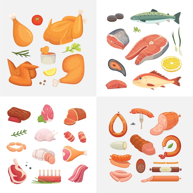 Conjunto de iconos de alimentos de carne de diferentes tipos. Jamón crudo, pollo a la plancha, trozo de cerdo, pastel de carne, pierna entera, ternera y embutidos. Pescados y mariscos de salmón.