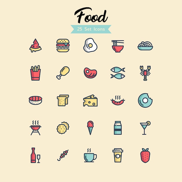 Conjunto de iconos de alimentos Estilos de esquema rellenos