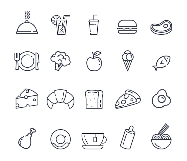 Conjunto de iconos de alimentos imágenes simples de sitios web iconos correcta e inadecuada nutrición línea arte pizza