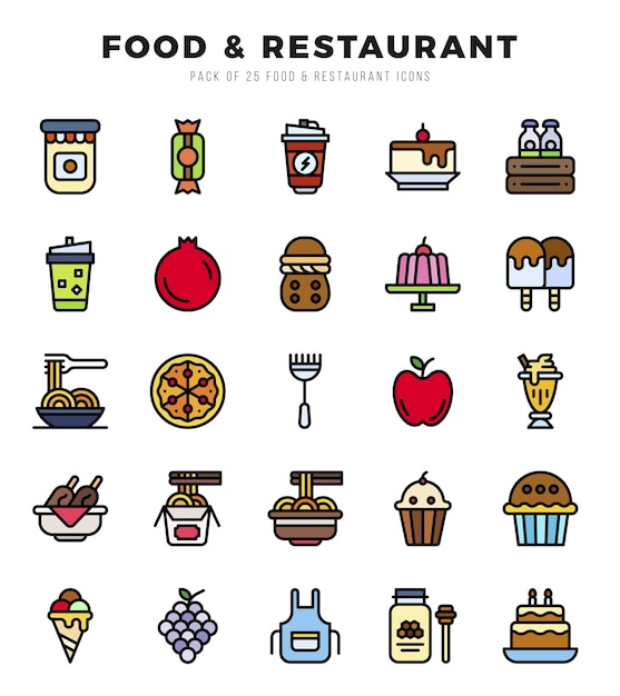 Conjunto de iconos de alimentos y restaurantes Colección de iconos lineales de colores
