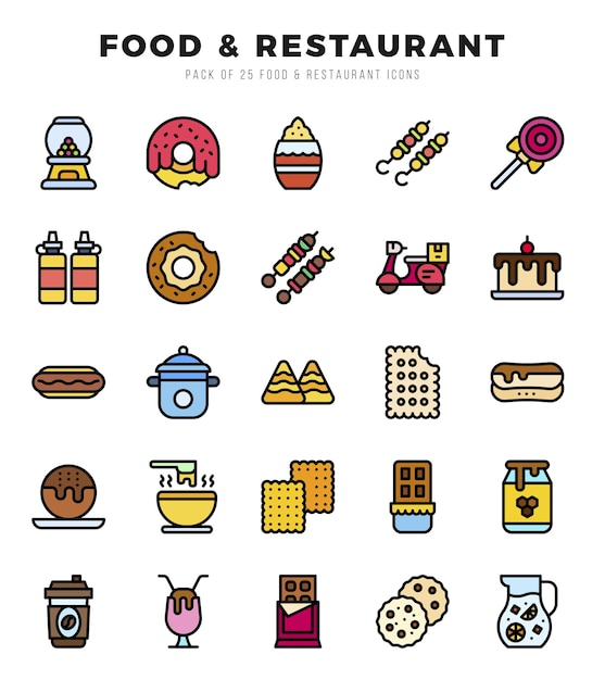 Conjunto de iconos de alimentos y restaurantes en estilo de colores lineales Colección de símbolos de iconos lineales de colores