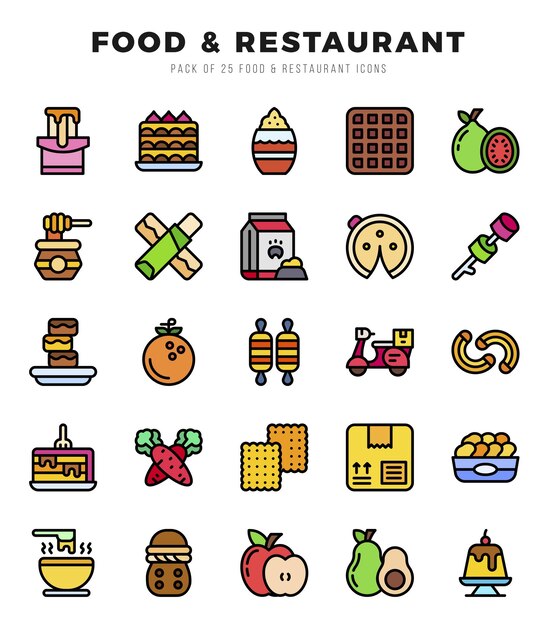 Conjunto de iconos de alimentos y restaurantes Ilustración vectorial