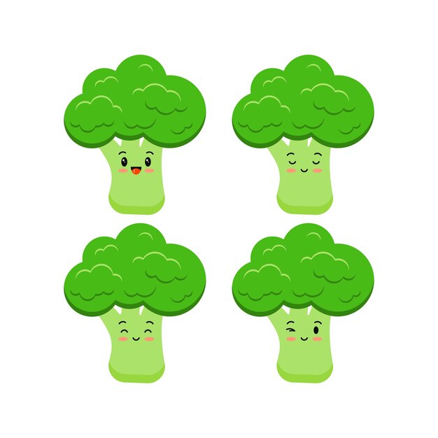 Conjunto de iconos de alimentos vegetales de dibujos animados divertidos de brócoli lindo aislado sobre fondo blanco