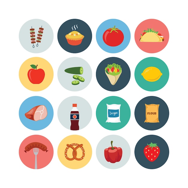 Conjunto de iconos de alimentos de verduras carne frutas bocadillos e ingredientes para hornear