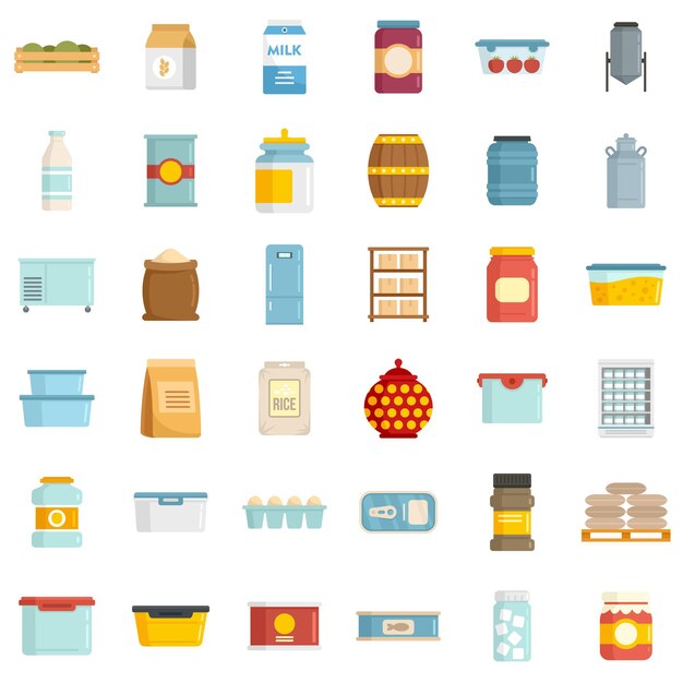 Conjunto de iconos de almacenamiento de alimentos. Conjunto plano de iconos de vector de almacenamiento de alimentos aislado sobre fondo blanco