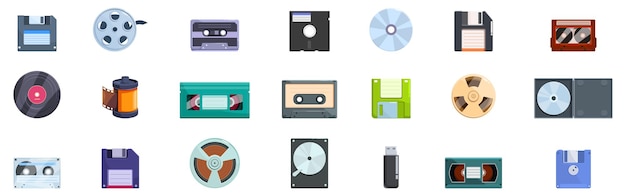 Conjunto de iconos de almacenamiento de medios retro Colección de dispositivos de almacenamiento de datos retro que representan la evolución de la tecnología