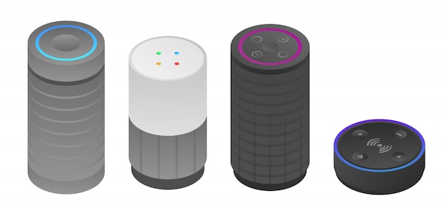 Conjunto de iconos de altavoces inteligentes, estilo isométrico