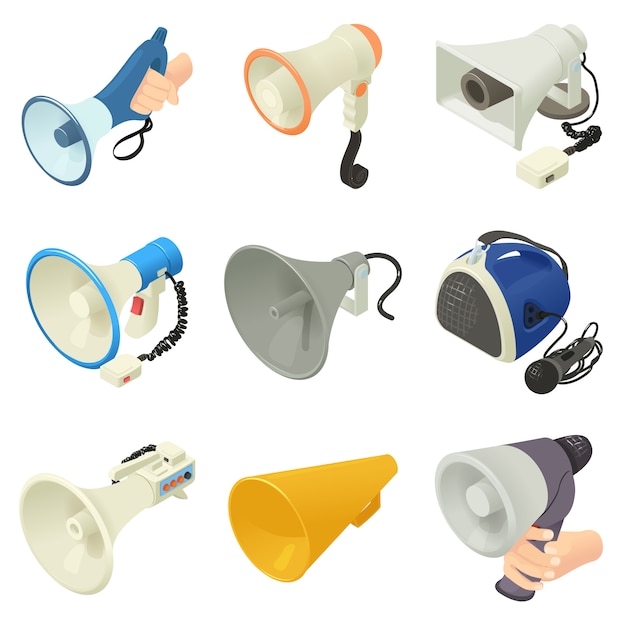 Conjunto de iconos de altavoz megáfono. ilustración isométrica de iconos de vector de logo de 16 megáfonos con altavoz y alcohol para web