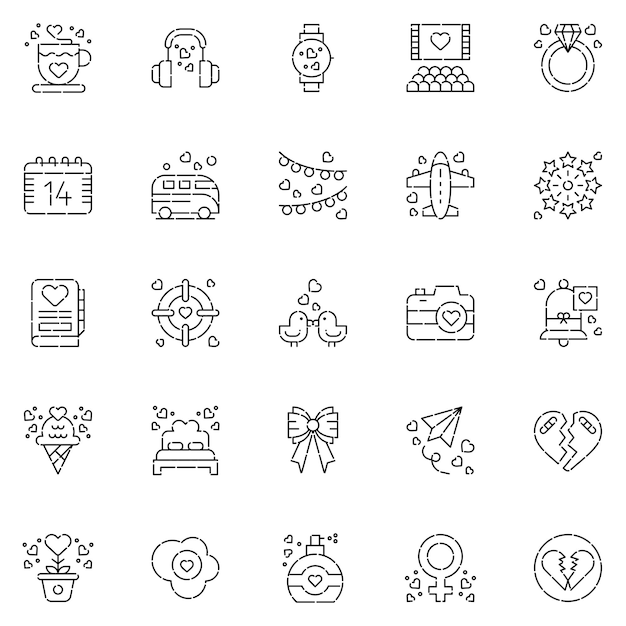Un conjunto de iconos de amor La colección incluye para el diseño web de aplicaciones móviles