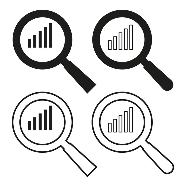 Conjunto de iconos de ampliación Símbolo de análisis de gráficos Elementos de búsqueda vectorial Contraste blanco y negro