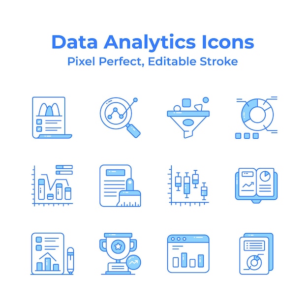 Un conjunto de iconos de análisis de datos únicos y de moda listos para su uso premium