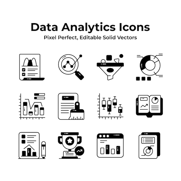 Un conjunto de iconos de análisis de datos únicos y de moda listos para su uso premium