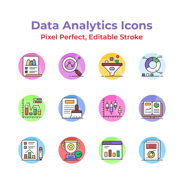 Un conjunto de iconos de análisis de datos únicos y de moda listos para su uso premium