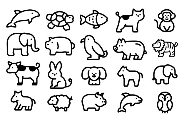 Conjunto de iconos de animales de arte de línea negra