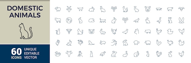 Conjunto de iconos de animales domésticos Icones vectoriales simples de granjas y animales de caza Trucado vectorial editable