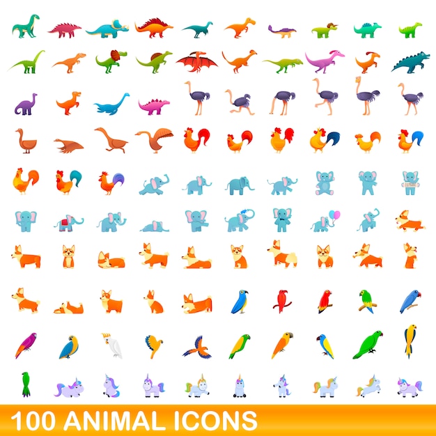 Conjunto de iconos de animales, estilo de dibujos animados