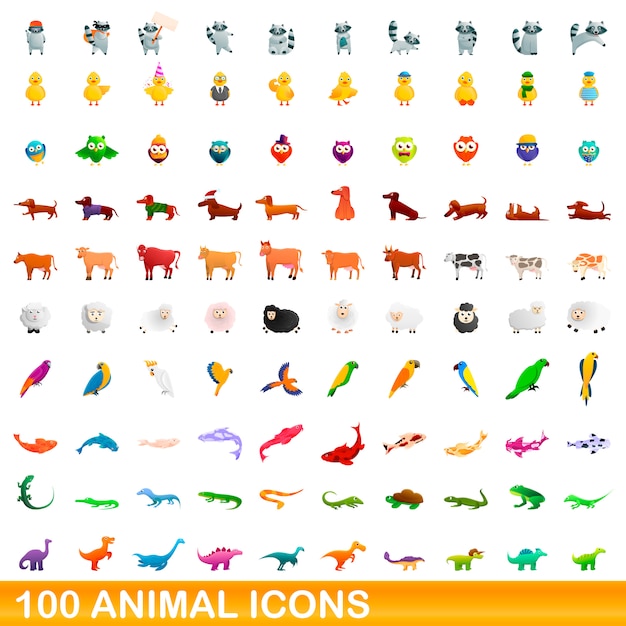 Conjunto de iconos de animales, estilo de dibujos animados