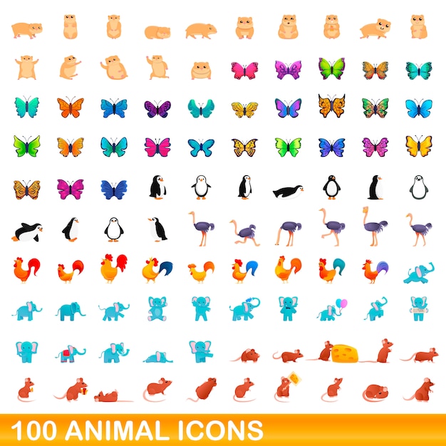 Conjunto de iconos de animales, estilo de dibujos animados