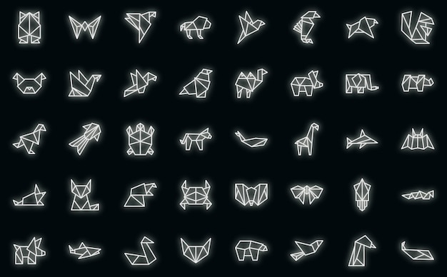 Conjunto de iconos de animales de origami vector de contorno Neón de vector de pez de papel