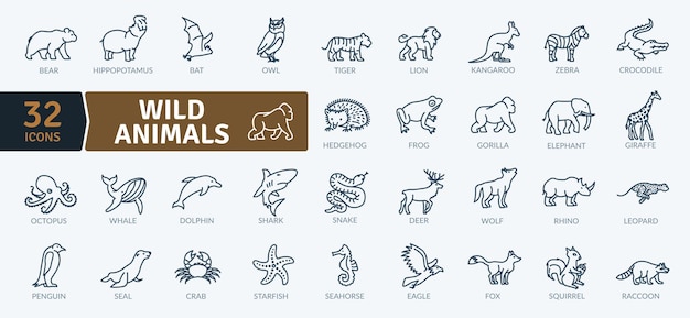 Conjunto de iconos de animales salvajes 32 ilustraciones profesionales