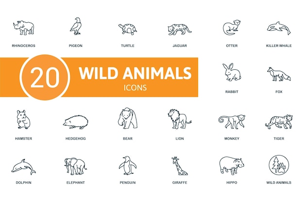 El conjunto de iconos de animales salvajes contiene iconos editables de animales salvajes