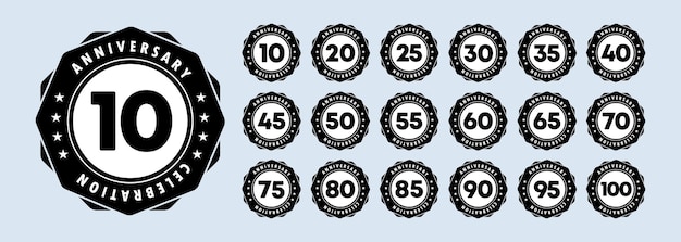 Conjunto de iconos de aniversario. símbolos de aniversario en marco ornamentado. 10,20,30,40,50 y 100 años. plantilla para tarjetas y diseño de felicitaciones. vector eps 10. aislado en el fondo.