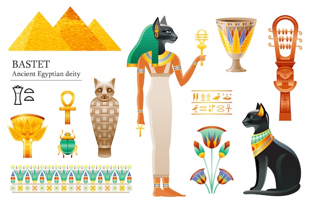 Conjunto de iconos de la antigua diosa egipcia bastet. deidad del gato, taza, flor, momia, sistrum.