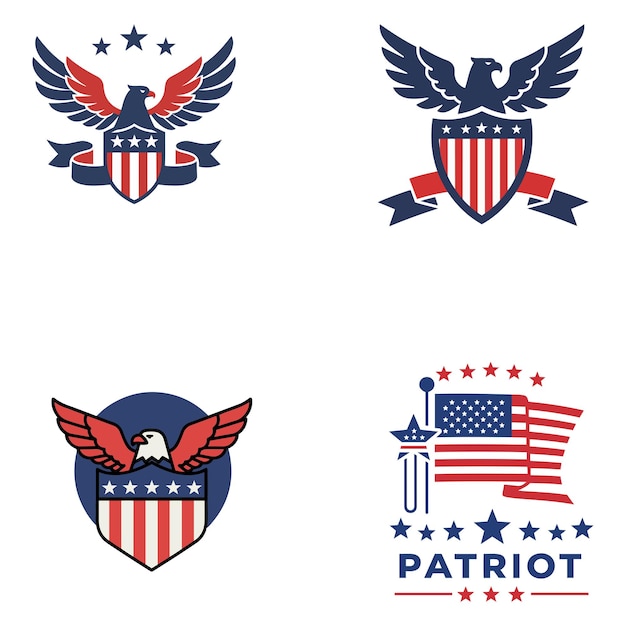 Conjunto de iconos antiguos de la bandera estadounidense silueta vectorial Patriota Corazón Águila Calva Elementos patrióticos