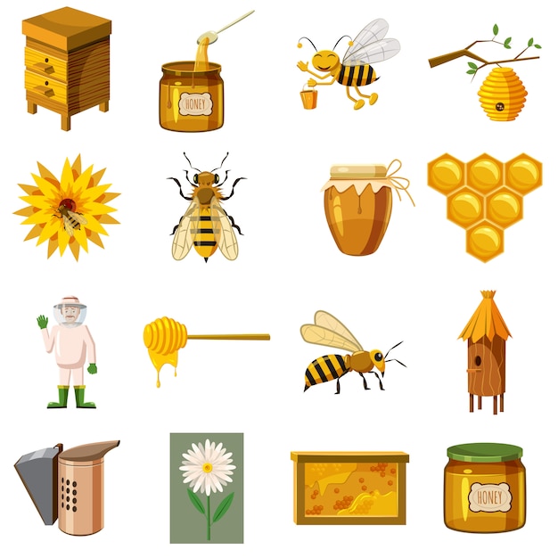 Conjunto de iconos de apiario, estilo de dibujos animados