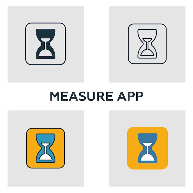 Conjunto de iconos de la aplicación de medida cuatro elementos en diferentes estilos de la colección de iconos de dispositivos visuales iconos de la aplicación de medida creativa llenos de contorno coloreado y símbolos planos