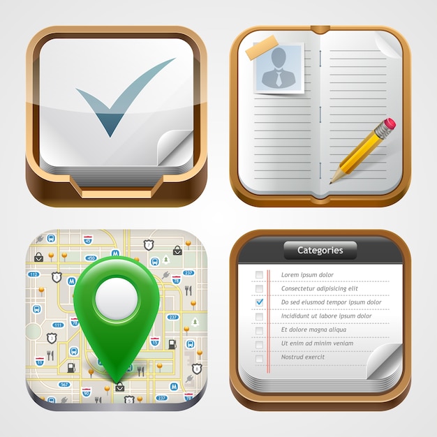 Conjunto de iconos de aplicaciones. icono de mapa, recordatorio, cuaderno, lista de verificación.