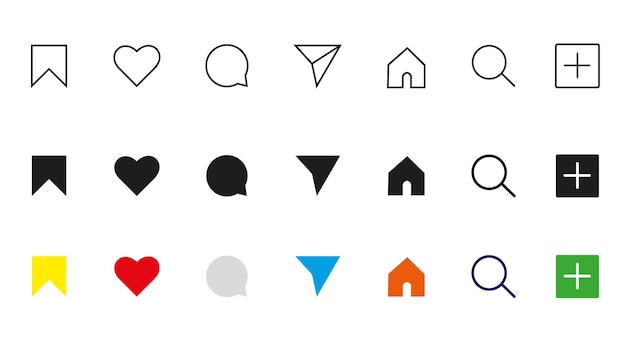 Conjunto de iconos de aplicaciones móviles de colores y sólidos delineados Vector Premium