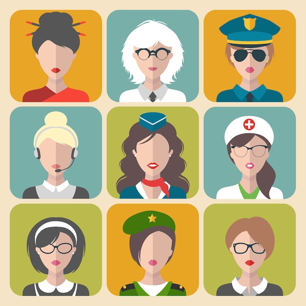 conjunto de iconos de aplicaciones de mujer de diferentes profesiones en estilo plano.