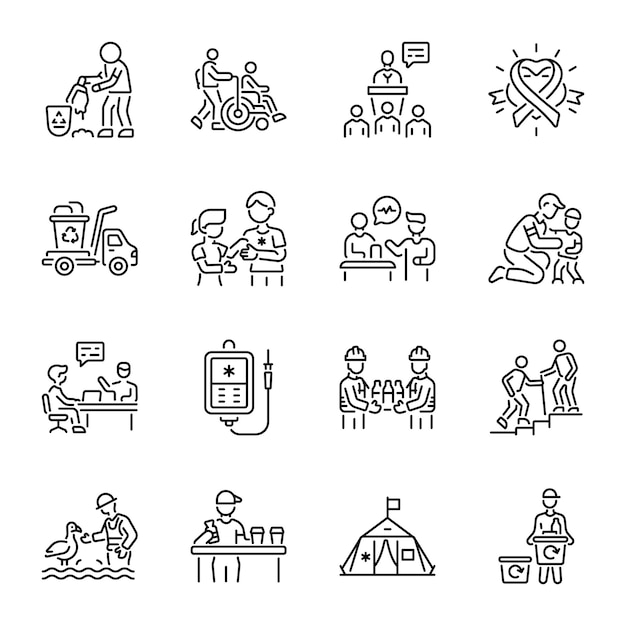 Conjunto de íconos de apoyo voluntario de estilo lineal
