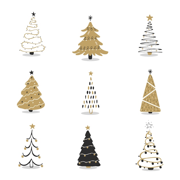 Vector conjunto de iconos de árbol de navidad negro y dorado. símbolo de navidad, colección de pictogramas simples. elemento de diseño de temporada de invierno. signo de silueta de año nuevo. ilustración en estilo plano.