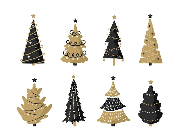 Conjunto de iconos de árbol de Navidad negro y dorado.